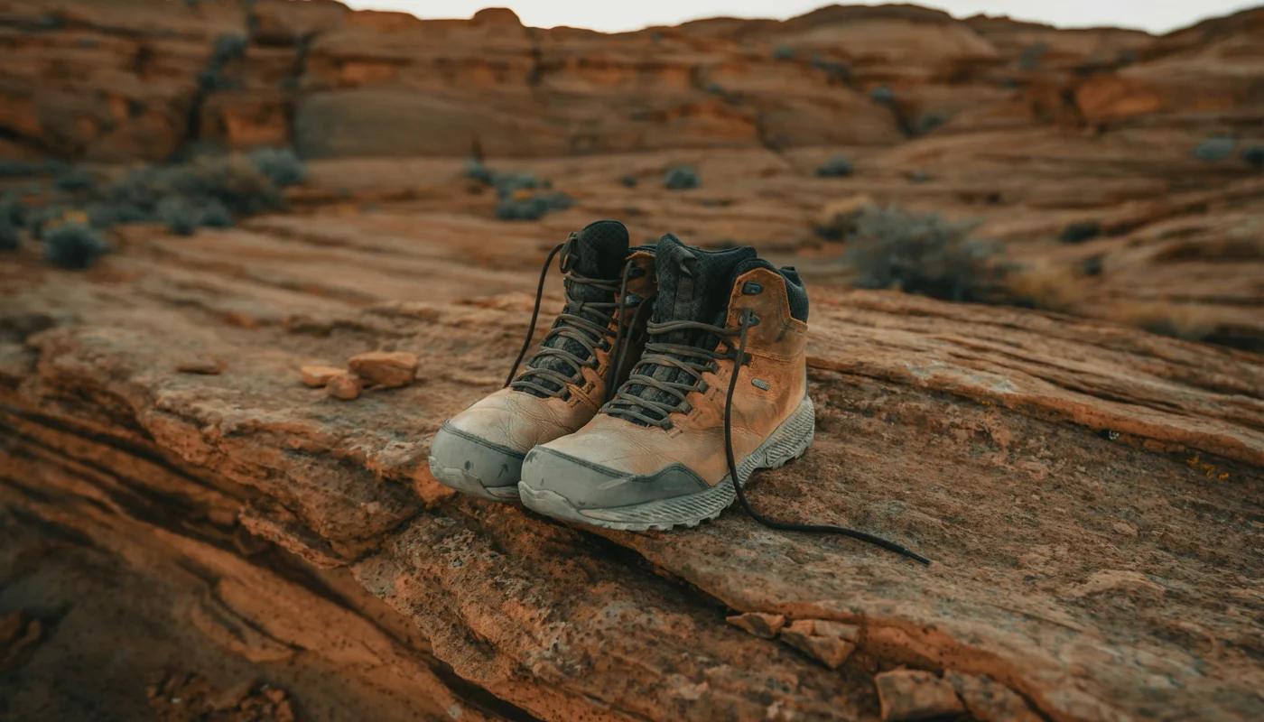 chaussures de randonnée marron et gris posées sur roche désertique